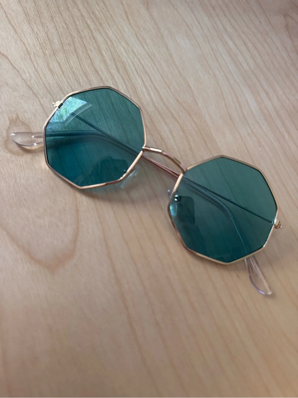 Gold Metal Octagonal Sunglasses with Teal Lenses